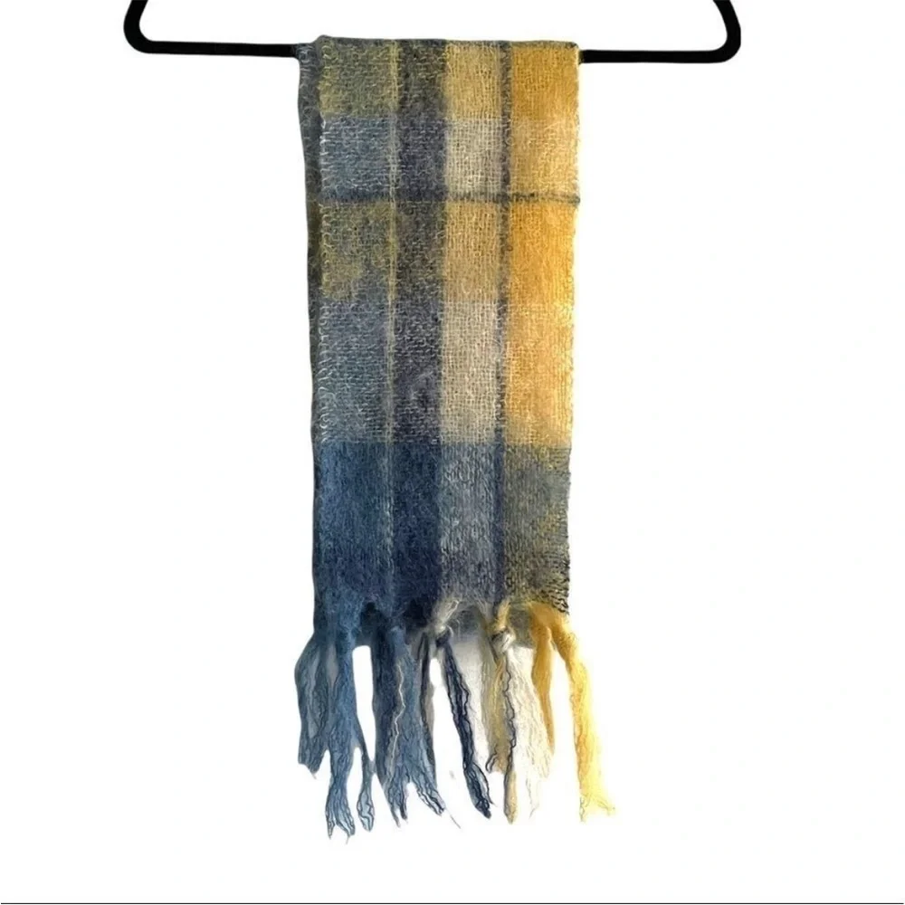 ST ALBANS Australia Pure Mohair Wool Plaid Winter Scarf Yellow Blue Cream